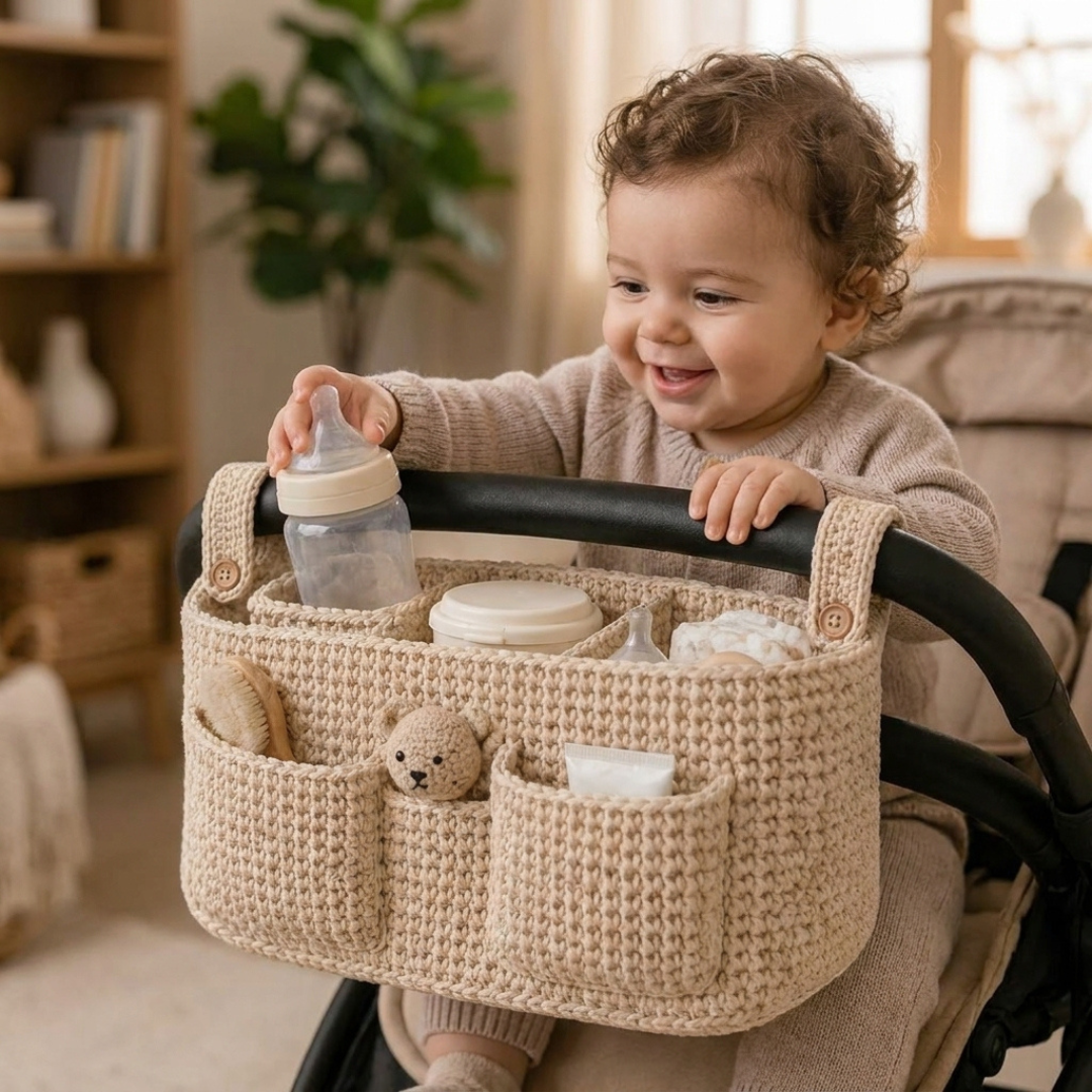 Crochet Stroller Organizer Pattern, Beginner Baby Diaper Caddy