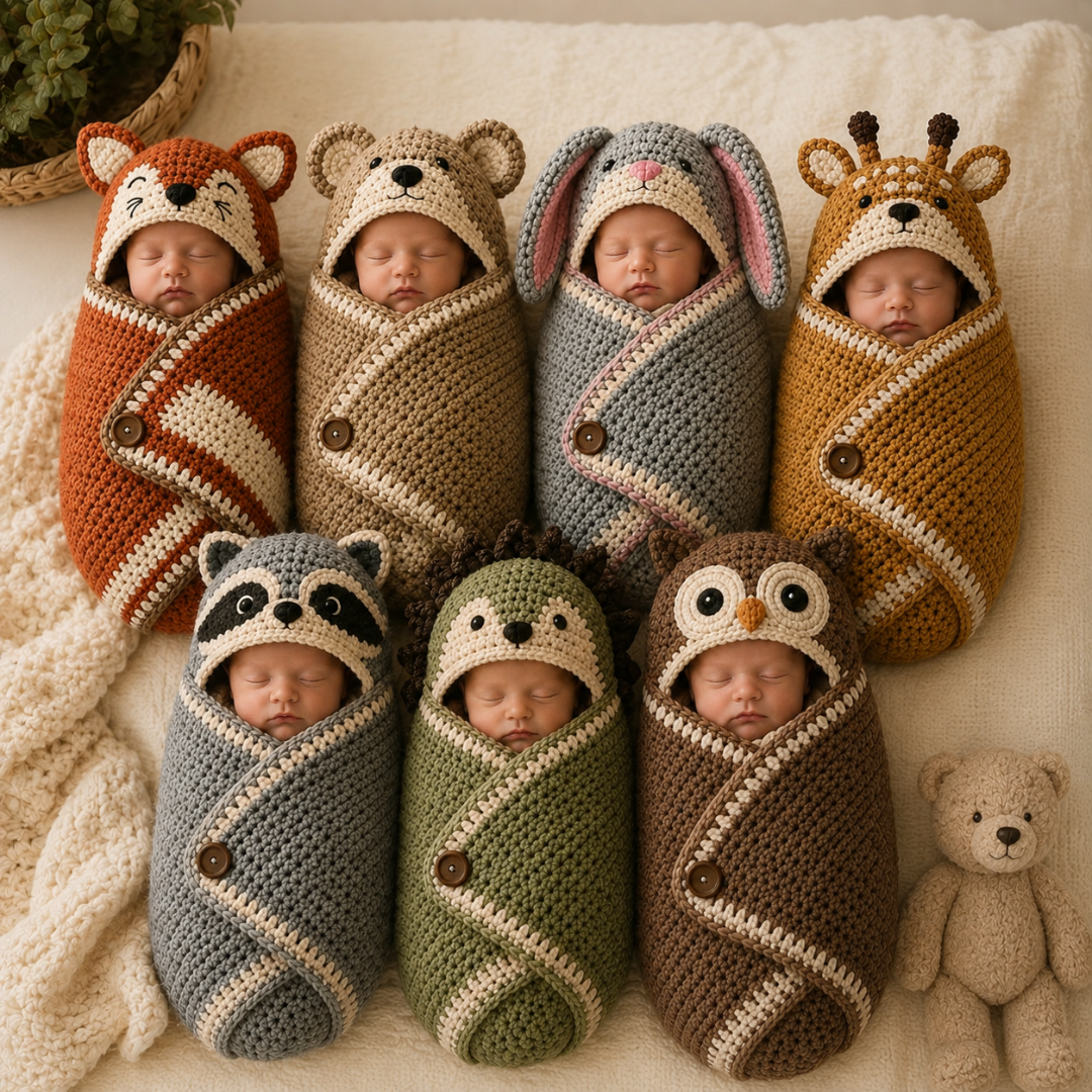 Baby Cocoon Crochet Pattern, Hooded Woodland Animal Swaddle Wrap