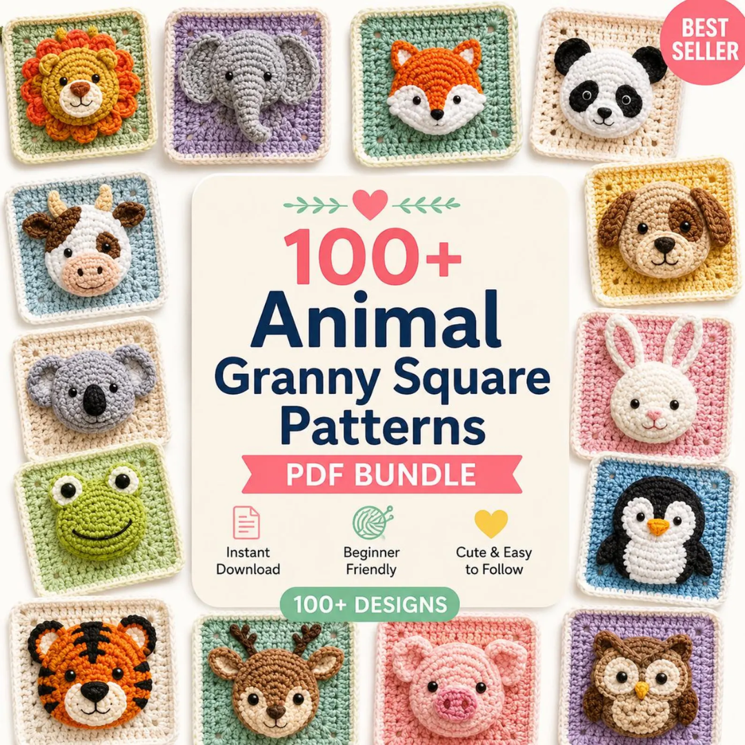 Granny Squares & Animals Bundle, 100 Crochet Patterns, Instant Download