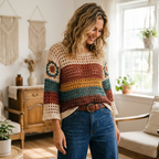 Boho Crochet Sweater Pattern, Striped Openwork Pullover Top PDF