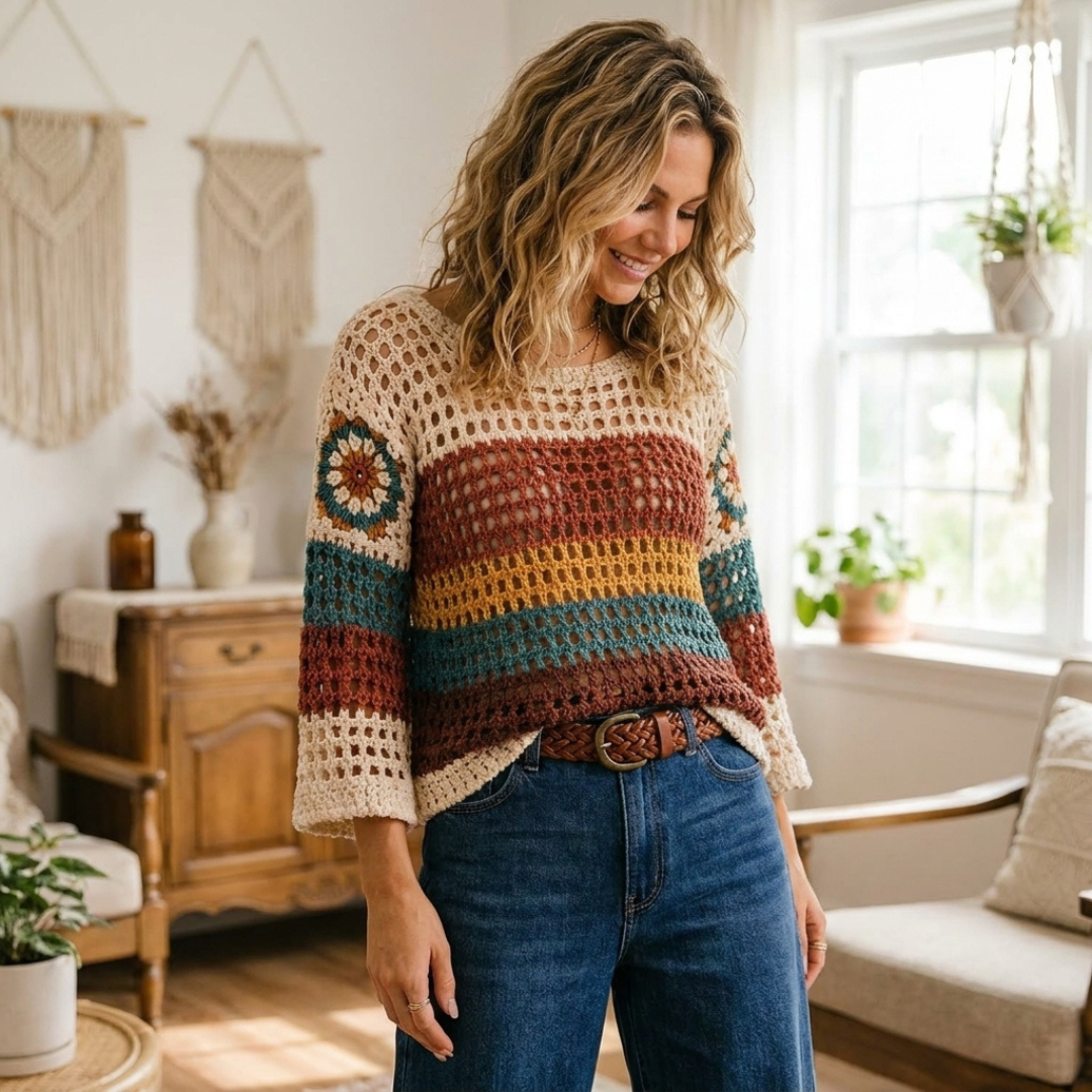 Boho Crochet Sweater Pattern, Striped Openwork Pullover Top PDF