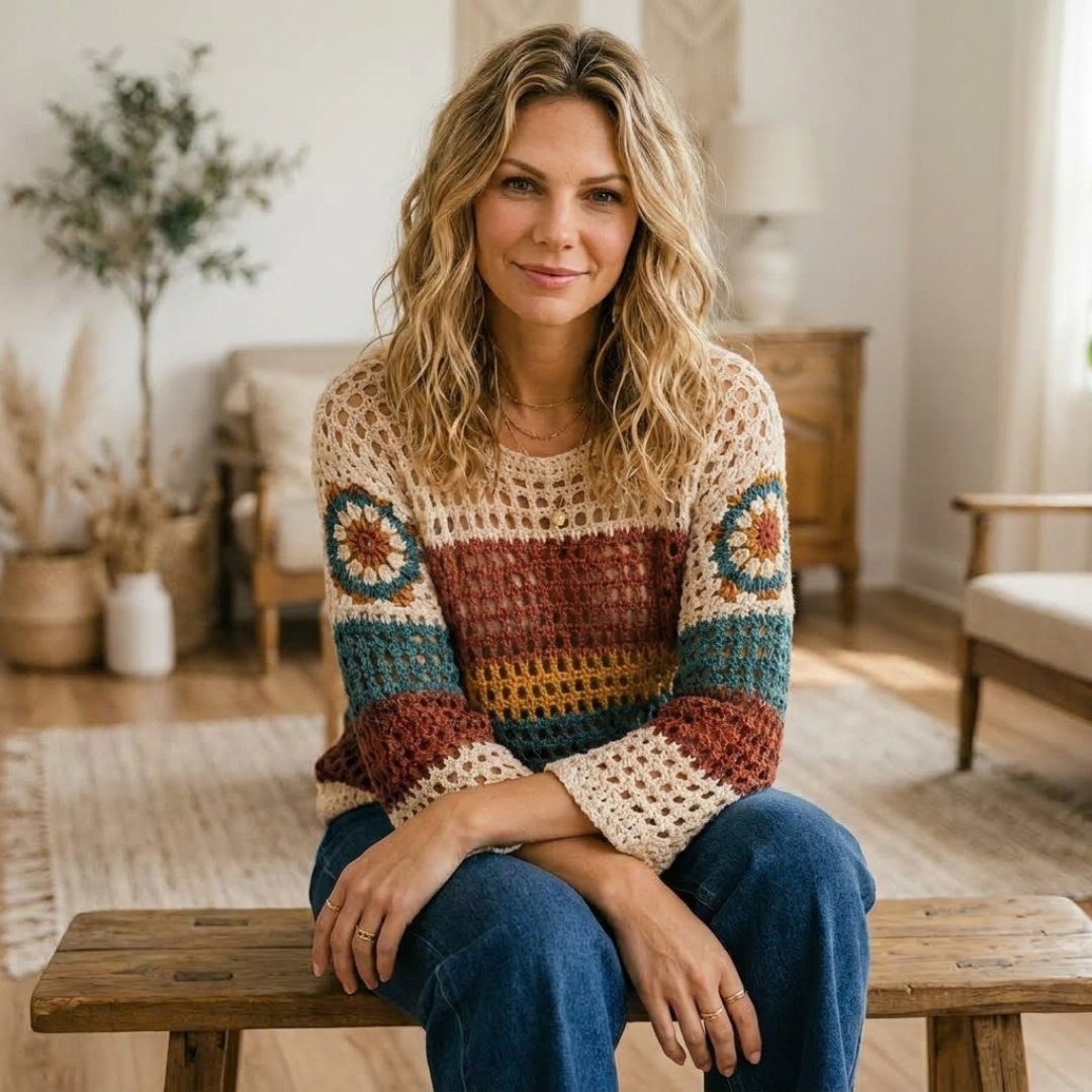 Boho Crochet Sweater Pattern, Striped Openwork Pullover Top PDF