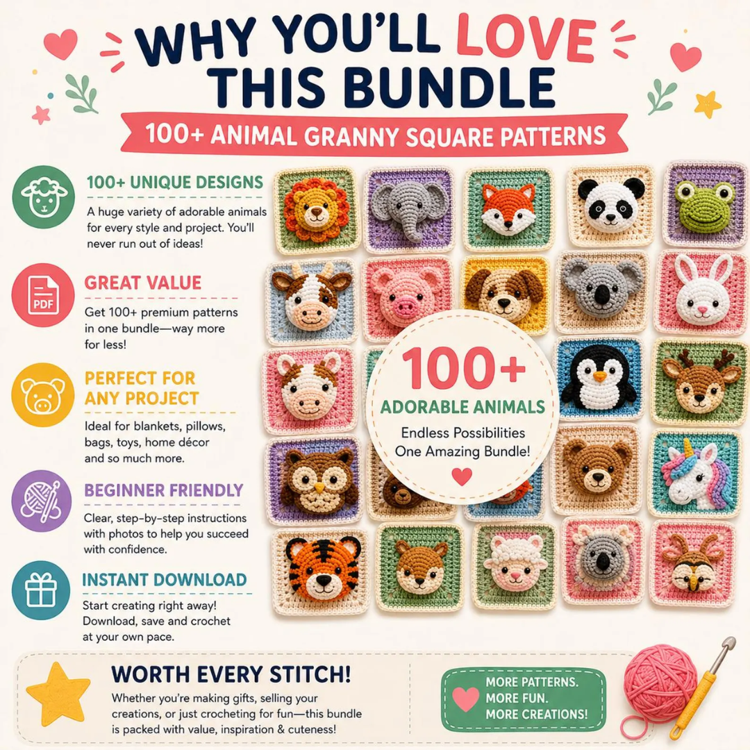 Granny Squares & Animals Bundle, 100 Crochet Patterns, Instant Download