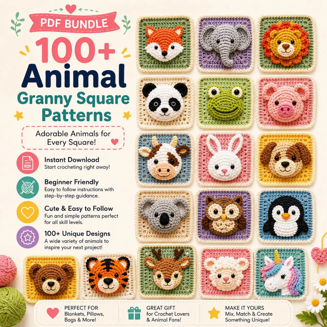 Granny Squares & Animals Bundle, 100 Crochet Patterns, Instant Download