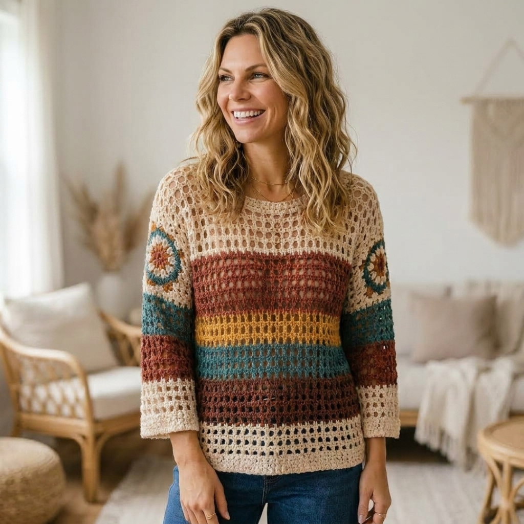 Boho Crochet Sweater Pattern, Striped Openwork Pullover Top PDF