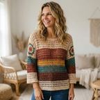 Boho Crochet Sweater Pattern, Striped Openwork Pullover Top PDF