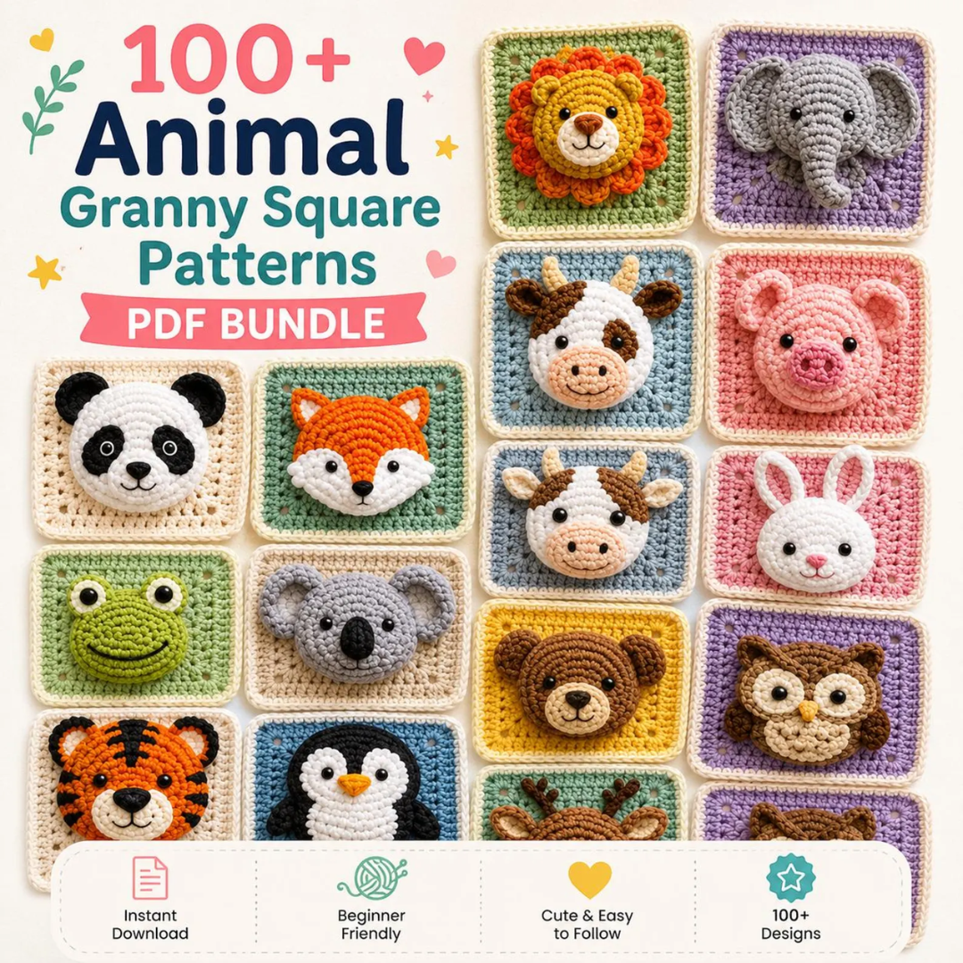 Granny Squares & Animals Bundle, 100 Crochet Patterns, Instant Download